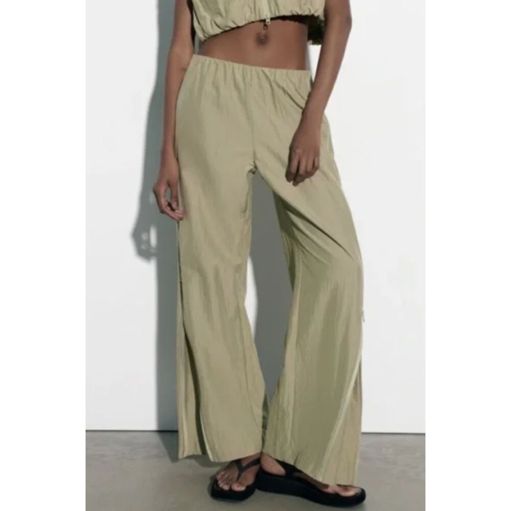 NWT Zara Full-Length Camel Pants – Mid-Rise with Elastic Waist & Side Zippe Sz S